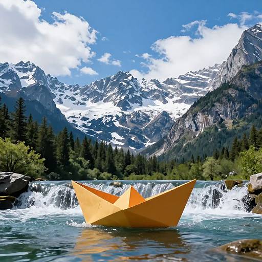 Photograph of a yellow paper boat floating on a clear, turquoise river with a waterfall, surrounded by evergreen trees and snow-capped mountains under a