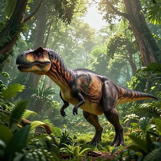 Photorealistic CGI of a large, striped velociraptor standing in a lush, sunlit forest, surrounded by dense greenery and tall trees.