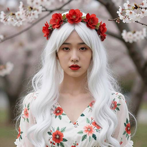 Photograph of an Asian woman with long white hair, red flower headband, red lips, white floral dress, standing amidst cherry blossoms.