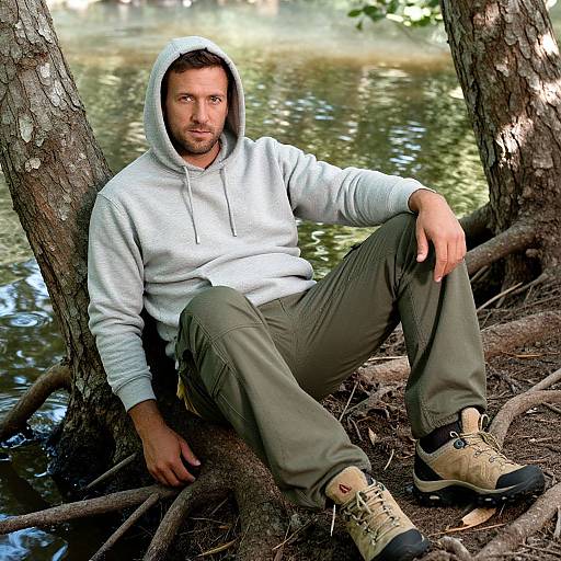 Photograph of a bearded man in a gray hoodie and olive pants, sitting against a tree by a calm river.