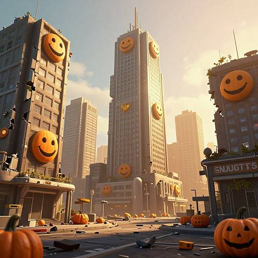 Digital CGI of a sunlit city street with tall buildings featuring large, floating pumpkin faces. Pumpkins scattered on the ground, bright orange against gray buildings