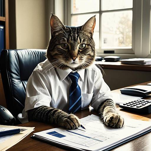 Tabby Cat in Office Attire at Desk