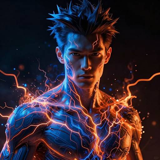 Digital artwork of a muscular, spiky-haired man with glowing blue and orange lightning cracks on his chest, against a dark background.