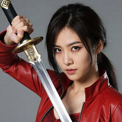Woman in Red Costume Holding Sword