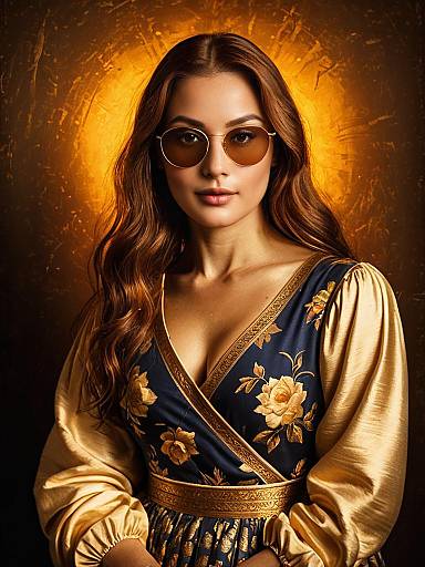 Stylish woman in floral wrap dress and sunglasses