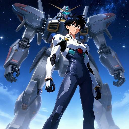 Anime-style digital artwork of a black-haired, blue-eyed pilot in a tight, white and black futuristic suit, standing confidently with a large, silver me