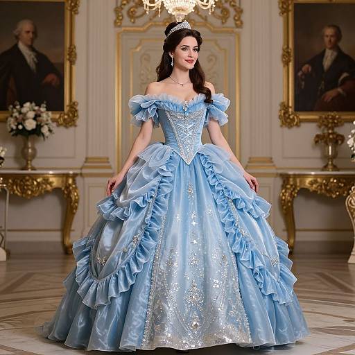 Photograph of a fair-skinned woman with dark hair in an elaborate light blue ball gown with silver accents, standing in an opulent, gold-de