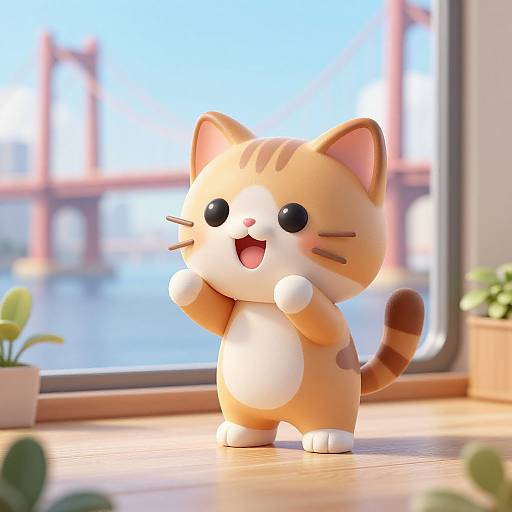 Cute 3D digital cat figurine with orange and white fur, black eyes, and raised paws, standing on a sunny windowsill.
