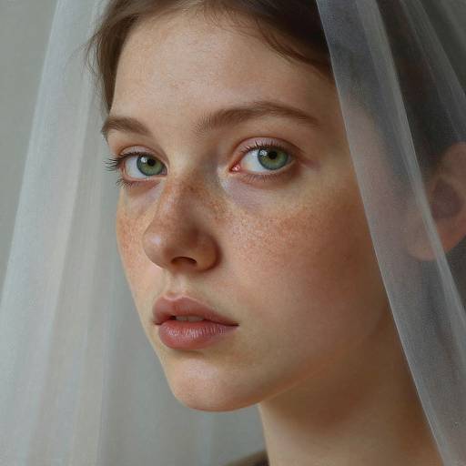 Close-up photograph of a young woman with fair skin, green eyes, freckles, and brown hair, partially covered by a sheer white veil.