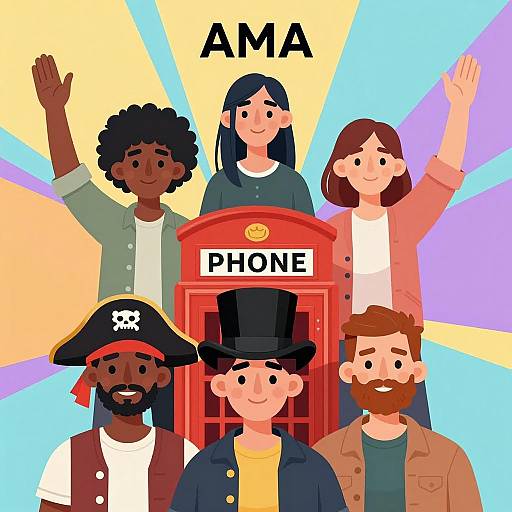 Diverse Group in Front of Red Phone Booth