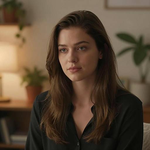 Photograph of a young woman with long brown hair, wearing a black button-up shirt, standing in a warmly lit room with plants in the background.