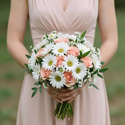 Photograph of a woman in a pink dress holding a bouquet of white daisies and peach roses, arms gently grasping stems.