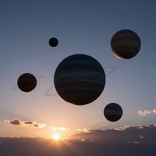 Photograph of a celestial scene with five planets of varying sizes, including a ringed planet, against a glowing sunset sky.