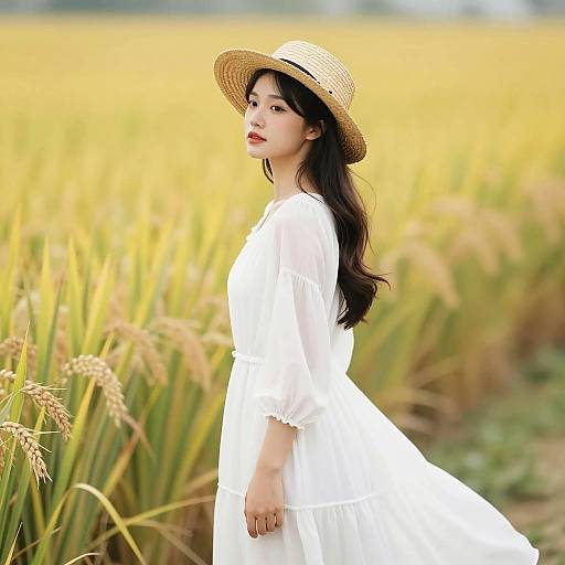 Woman in White Dress with Straw Hat in Field