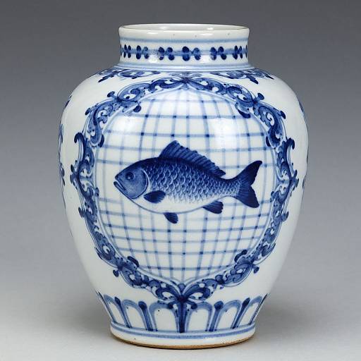 Photograph of a white ceramic vase with blue fish and grid pattern, surrounded by ornate blue floral designs, on a gradient gray background.