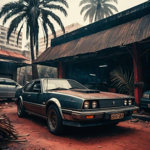 Vintage Car in Tropical Cyberpunk Setting