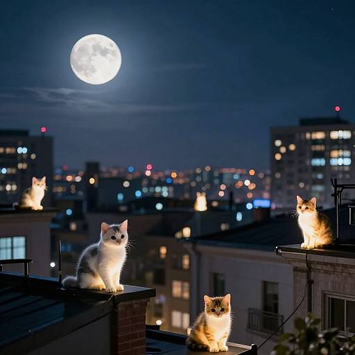 Photograph of three cats with glowing fur sitting on rooftops under a full moonlit night sky, with a cityscape of lit-up buildings in the
