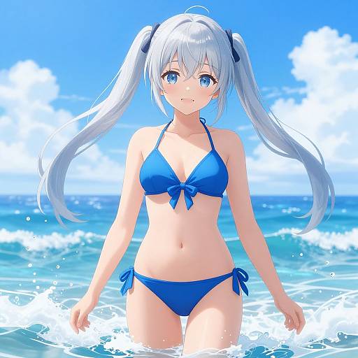 Anime-style digital drawing of a cute, blue-eyed, silver-haired girl in a blue bikini, standing in the ocean with waves and a bright blue sky
