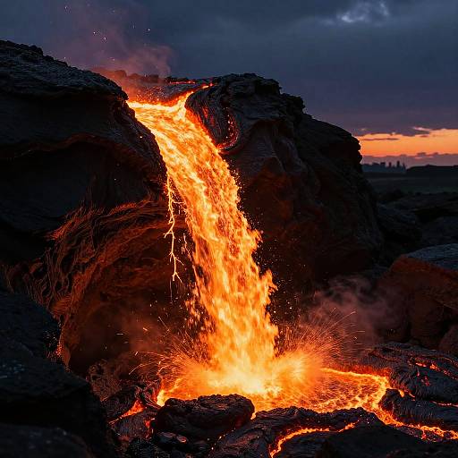 Photograph of a vivid, orange lava waterfall cascading down dark, rocky cliffs under a dramatic, cloudy, sunset sky.