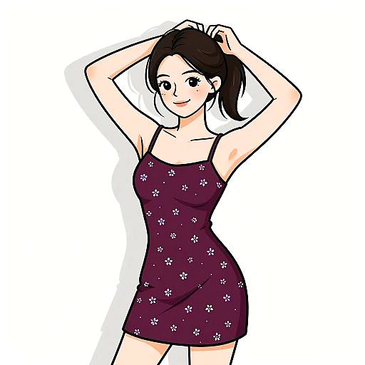 Digital drawing of a smiling woman with black hair in a ponytail, wearing a purple, floral-patterned, spaghetti-strap dress, raising her arms