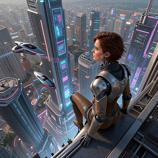 Cyberpunk woman in futuristic armor sits on skyscraper ledge, gazing at neon-lit cityscape below, with hovering drones in the sky.