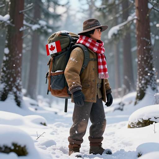 Photograph of a winter hiker in brown jacket, red plaid scarf, black gloves, and hat, carrying a backpack with a Canadian flag patch
