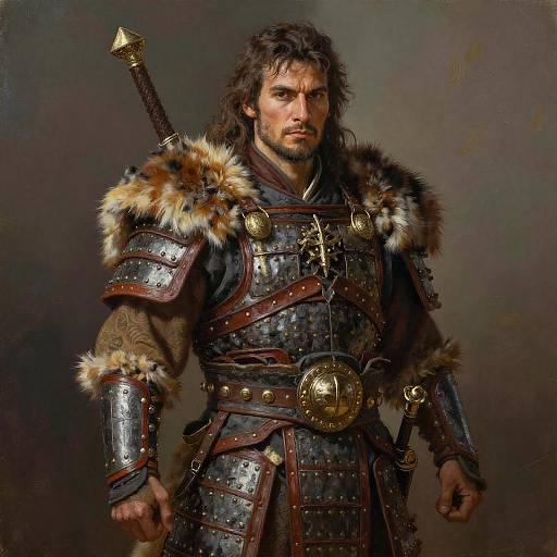 Photograph of a rugged, bearded man with long brown hair, wearing detailed, fur-trimmed medieval armor with a sword sheathed on his