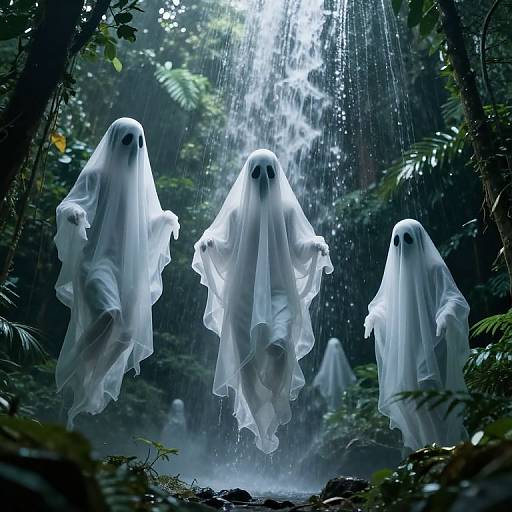 Photograph of four ethereal, white ghost-like figures with black eye holes floating in a lush, misty forest under a cascading waterfall.