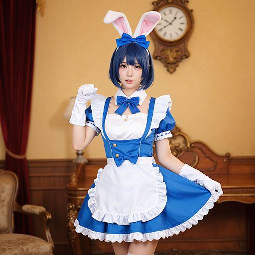 Digital illustration of an anime-style woman in a blue and white bunny maid outfit with rabbit ears, standing in a vintage, wooden-paneled room with a