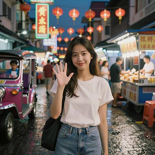 Charming Woman in Neon-lit Chinatown