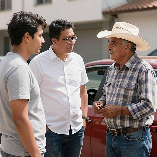 Three men having conversation outdoors near car