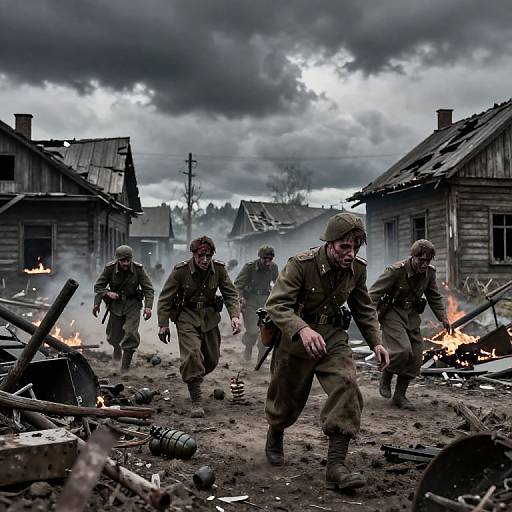 Photograph of five World War II soldiers in muddy green uniforms running through a war-torn village with burning debris and wooden houses under a stormy,