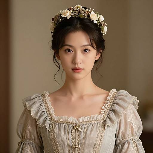 Photograph of an East Asian woman with fair skin, dark hair in a floral crown, wearing an ornate, vintage, light gray dress with lace