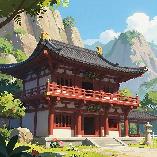 Digital illustration of a traditional red and white Japanese temple with black roof, surrounded by lush greenery and rocky mountains.
