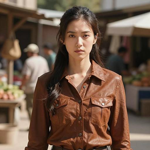 Serious Woman in Brown Leather Shirt at Outdoor Market