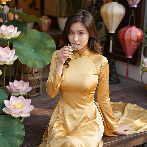 Southeast Asian Woman in Traditional Áo Dài