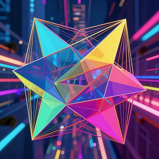 Digital CGI of a glowing, neon-colored, multi-faceted star hovering in a futuristic cityscape with vibrant, colorful neon lights.
