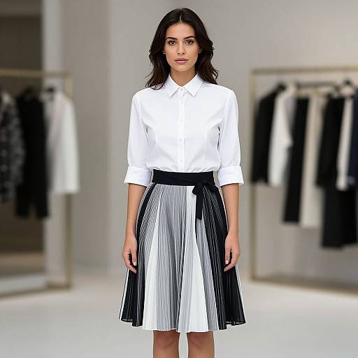 Photograph of a young woman with dark hair, wearing a white blouse and black-and-white striped pleated skirt, standing in a minimalist fashion showroom with