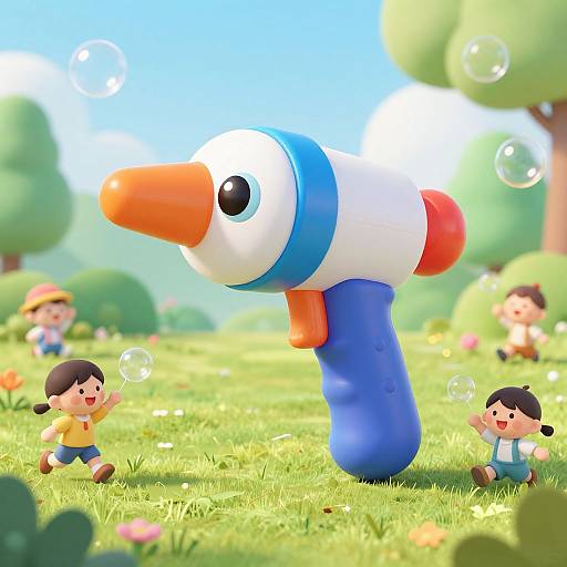 CGI cartoon image of three children playing with a large, orange-nosed, blue-and-white toy water gun in a sunny, green meadow with