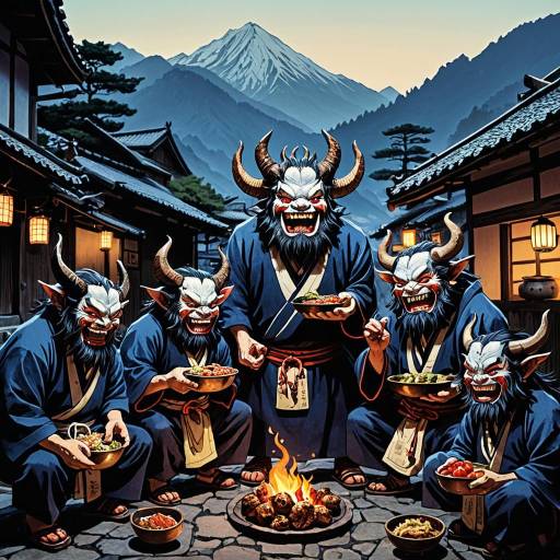 Mountain Oni Feasting at Dawn in Ancient Village