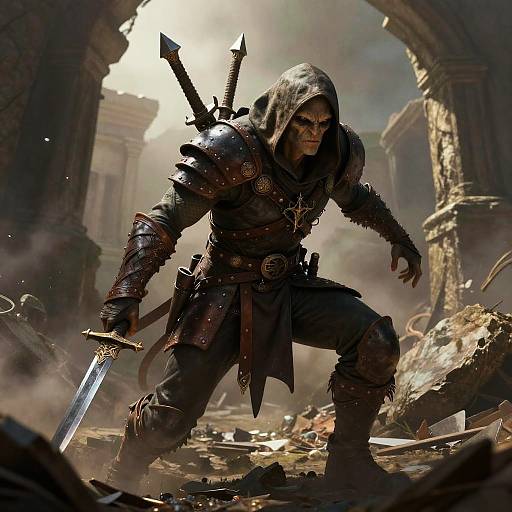 CGI fantasy image: Dark armored warrior with hood, grim face, dual swords, crouching in ruined, sunlit, smoke-filled stone arch