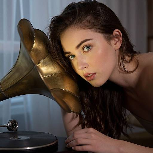 Photograph of a pale-skinned, blue-eyed young woman with long, dark brown hair, leaning over a vintage brass gramophone, wearing nothing,