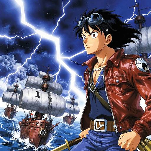 Anime-style illustration of a black-haired male pirate in a red leather jacket, blue shirt, and jeans, holding a sword, with lightning-filled stormy