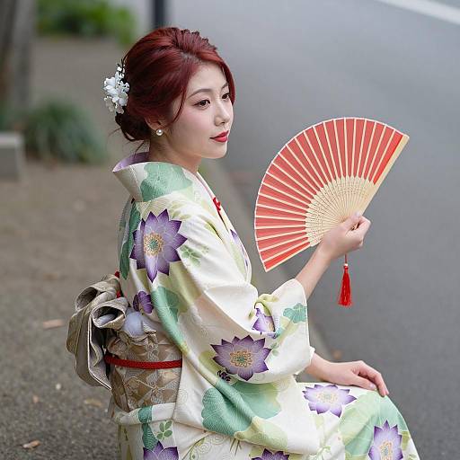 Japanese Woman in Floral Kimono with Fan