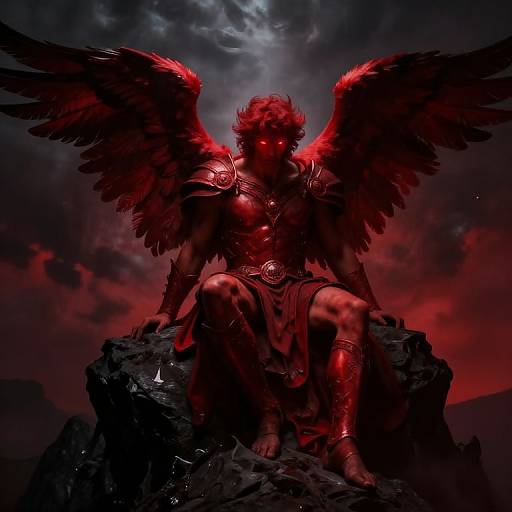 Digital art of a red-winged, red-lit angelic figure with glowing eyes, wearing armor and a draped cloth, seated on a rocky cliff