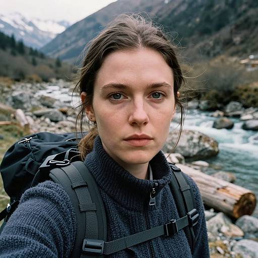 Photograph of a young white woman with fair skin, brown hair, and blue eyes, wearing a gray fleece and black backpack, standing by a rocky