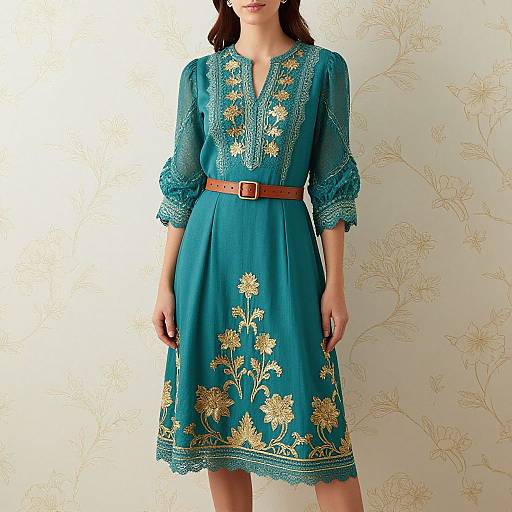 Elegant Woman in Teal Embroidered Dress