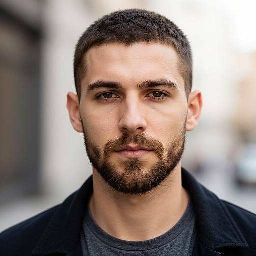 Photograph of a young, handsome man with short dark hair, beard, and serious expression, wearing a black coat over a gray shirt, with a