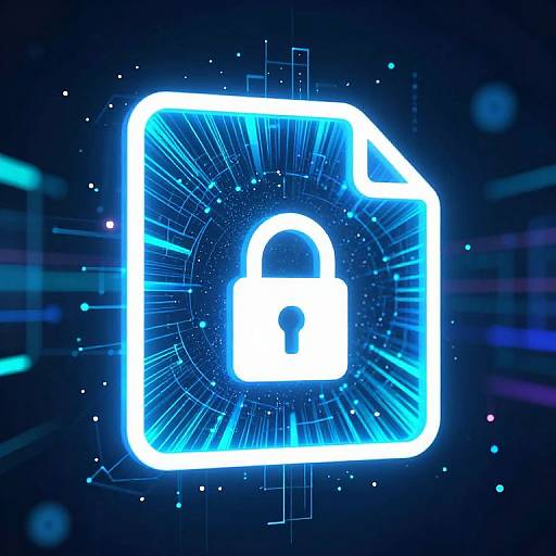 Digital CGI image of a glowing blue outline of a document icon with a padlock in the center, surrounded by radiant lines and stars against a dark blue