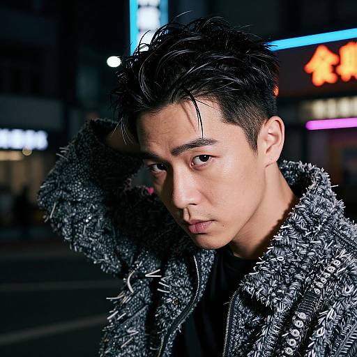 Photograph of an Asian man with short black hair, wearing a textured gray wool coat, gazing intently at the camera in a brightly lit,